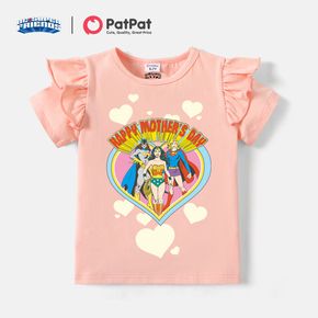 DC Super Friends Kid Girl Ruffled Heart Figure Print Short-sleeve Pink Cotton Tee