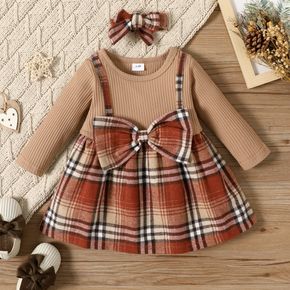 100% Cotton 2pcs Baby Girl Apricot Ribbed Splicing Plaid Bowknot Dress Set