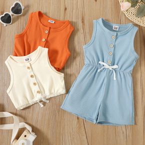 Toddler Girl Bowknot Button Design Sleeveless Solid Color Romper
