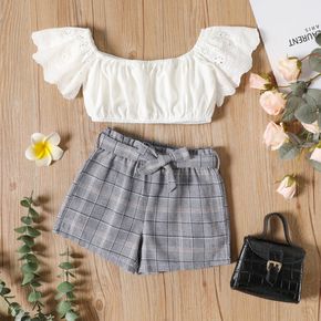 2-piece Toddler Girl Off Shoulder Schiffy Design Short-sleeve White Tee and Belted Plaid Shorts Set