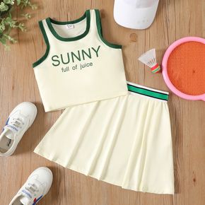 2-piece Kid Girl Letter Print Tank Top and Pleated Skirt Sporty Set