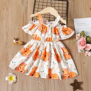 Toddler Girl Deer Floral Print Ruffled Off Shoulder Strap Dress