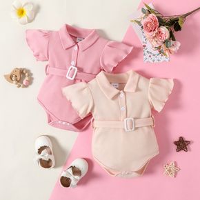 Baby Girl Solid Waffle Ruffle Sleeve Button Up Belted Romper