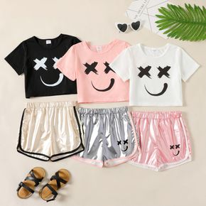 2-piece Kid Girl Face Emojis Print Crop Tee and Metallic Dolphin Shorts Set