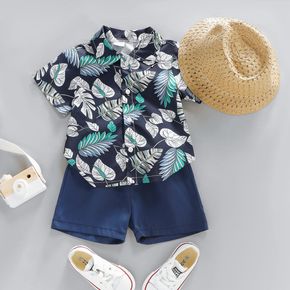 3pcs Toddler Boy Casual Straw Hat and Leaf Print Shirt & Shorts Set