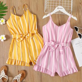 Kid Girl Stripe Ruffled Cuff Belted Cami Rompers Jumpsuits Shorts