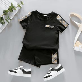 2pcs Toddler Boy Plaid Colorblock Short-sleeve Black Tee and Elasticized Shorts Set