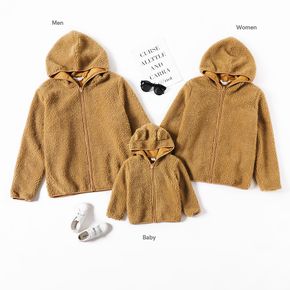 Family Matching Solid Coffee Fleece Long-sleeve Hooded Zip Jackets