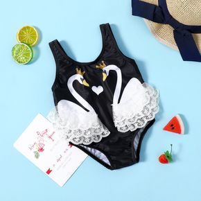 Baby Girl Layered Lace Design Swan Print Sleeveless One-Piece Swimsuit