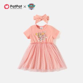 PAW Patrol 2pcs Toddler Girl Polka dots Mesh Design Short-sleeve Pink Cotton Dress and Headband Set