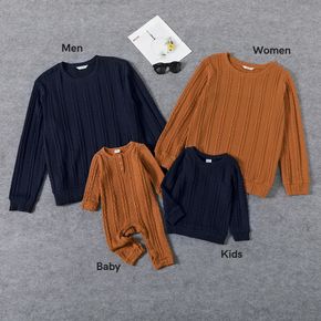 Family Matching Solid Crewneck Long-sleeve Cable Knit Pullovers