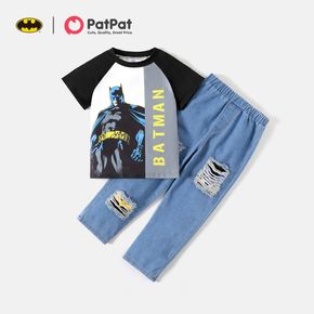 Batman 2-piece Kid Boy Letter Print Colorblock Short-sleeve Tee and Cotton Ripped Denim Jeans Set