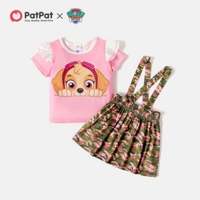 PAW Patrol 2pcs Toddler Girl Ruffled Dog Print Short-sleeve Pink Tee and Allover Print Suspender Skirt Set