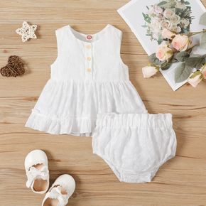 100% Cotton Solid Jacquard Hollow Out Sleeveless Top and Shorts White Baby Set