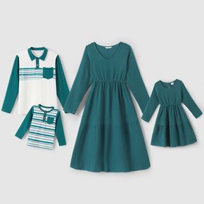 Crepe Solid or Stripe Print Family Matching Blue Green Sets