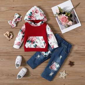 3pcs Floral Splice Hooded Long-sleeve Yellow or Burgundy Hoodie Top and Ripped Blue Jeans with Headband Baby Set