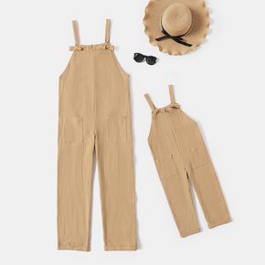 100% Cotton Crepe Khaki Casual Sleeveless Overalls Ankle-length Pants for Mom and Me