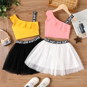 2-piece Kid Girl Letter Print Sleeveless One Shoulder Camisole and Mesh Skirt Set