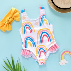 2pcs Baby Girl All Over Rainbow Print Sleeveless One-Piece Swimsuit with Headband Set