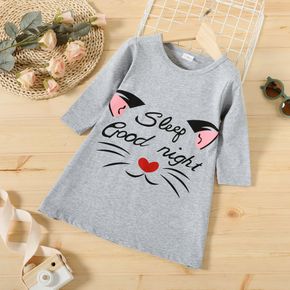 Kitty and Letter Print 3/4 sleeve Grey Toddler Pajamas Home Dress