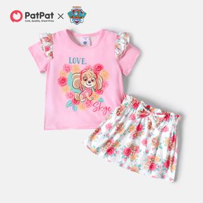 PAW Patrol 2pcs Toddler Girl Floral Print Ruffled Short-sleeve Pink Tee and Bowknot Design Skirt Set