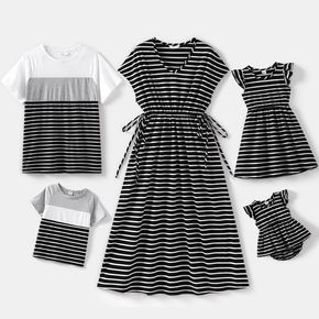 Family Matching Striped V Neck Dresses and Colorblock Short-sleeve T-shirts Sets