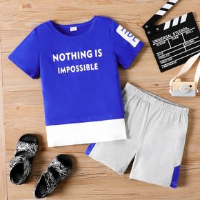 2-piece Kid Boy Letter Print Colorblock Tee and Elasticized Shorts Set