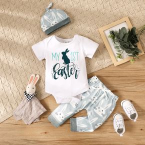 Easter 3pcs Baby Boy/Girl 95% Cotton Short-sleeve Rabbit Letter Print Romper and Pants with Hat Set
