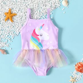 Baby Girl Cartoon Unicorn Print Spaghetti Strap Mesh One-Piece Swimsuit