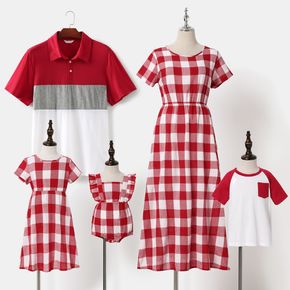 rot-weiß karierte Kurzarm-Familien-Sets (Midikleider und Colorblock-T-Shirts)