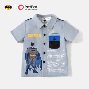 Batman Toddler Boy Letter Figure Print Pocket Design Lapel Collar Short-sleeve Shirt