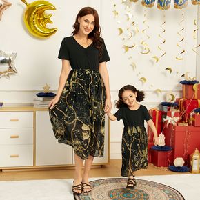 Ramadan Collection Black Short-sleeve Splicing Print Dress for Mom and Me