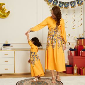 Ramadan Collection Floral Print Yellow Round Neck Long-sleeve Midi Dress for Mom and Me