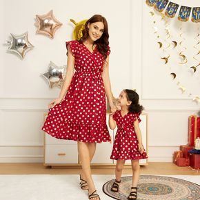 Ramadan Collection Polka Dots Bronzing Print Red Cross Wrap V Neck Flutter-sleeve Dress for Mom and Me
