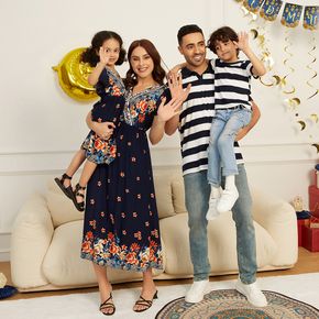 Ramadan Collection Family Matching Cross V Neck Allover Plants Print Ruffle-sleeve Dresses and Striped Polo Shirts Sets