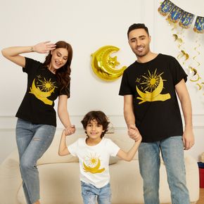 Ramadan Collection Eid Mubarak Family Matching White and Black Graphic Short-sleeve T-shirts
