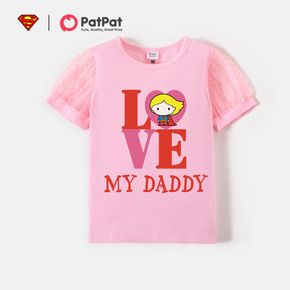 Superman Toddler Girl Fatehr's Day Letter Print Mesh Short-sleeve Pink Cotton Tee