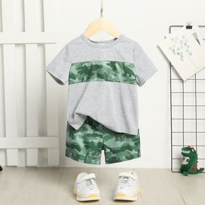 2pcs Toddler Boy Camouflage Print Colorblock Short-sleeve Grey Tee and Shorts Set