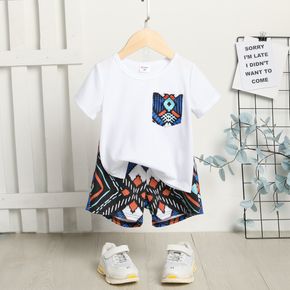 2pcs Toddler Boy Pocket Design Short-sleeve White Tee and Geo Allover Print Shorts Set