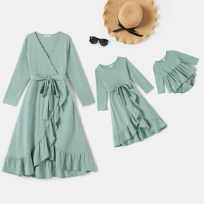 Mint Green V Neck Long-sleeve Ruffle Dress for Mom and Me