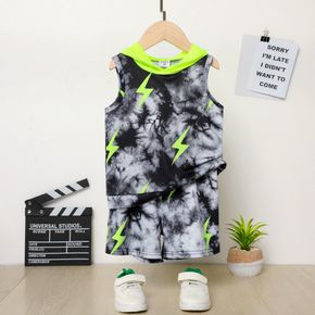 2pcs Toddler Boy Tie Dyed Lightning Print Hooded Tank Top and Elasticized Shorts Set
