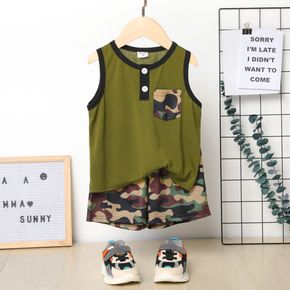 2pcs Toddler Boy Camouflage Print Button Pocket Design Tank Top and Elasticized Shorts Set