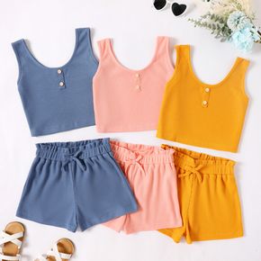 2pcs Kid Girl Solid Color Button Design Waffle Tank Top and Bowknot Design Paperbag Shorts Set