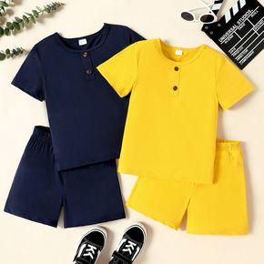 2-piece Kid Boy Button Design Solid Color Short-sleeve Tee and Short Set