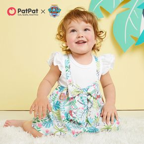 PAW Patrol 2pcs Little Girl White Ribbed Flutter-sleeve Splicing Floral Print Bowknot Dress with Headband Set