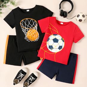 Conjunto de 2 peças infantil infantil de basquete / futebol americano com estampa de camiseta de manga curta e shorts com elástico
