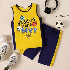 2-piece Kid Boy Letter Balls Print Tank Top and Colorblock Shorts Sporty Set