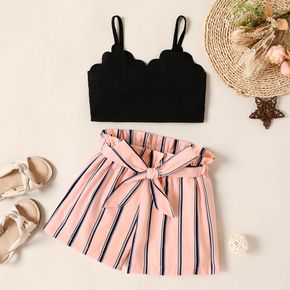 2pcs Kid Girl Scallop Trim Black Camisole and Stripe Belted Shorts Set