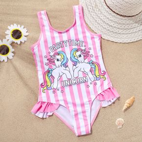 Kid Girl Letter Unicorn Print Striped Onepiece Swimsuit