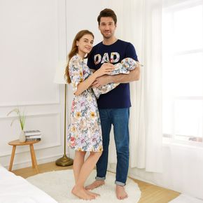 Family Matching Floral Print Short-sleeve Robe Swaddle Hat and 100% Cotton Letter Print T-shirt Sets